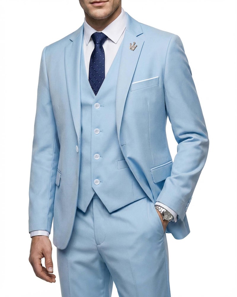 MYS MY'S Men's 3 Piece Suit Set with Tie, One Button Slim Fit Jacket Vest & Pants, Party Wedding Prom Blazer Waistcoat & Trousers, Sky Blue Small - Image 1